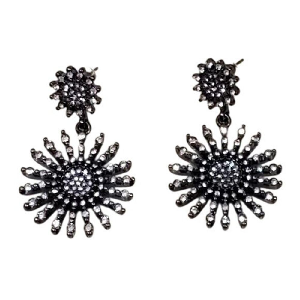 Lucky Brand Gunmetal Sunburst Crystal Drop Earrings Celestial Statement Dangle